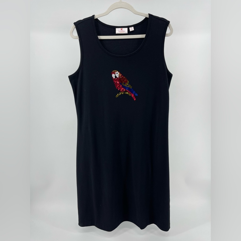 Quacker Factory Black Sequin Parrot Stretch Knit Sleeveless Dress, Size Medium